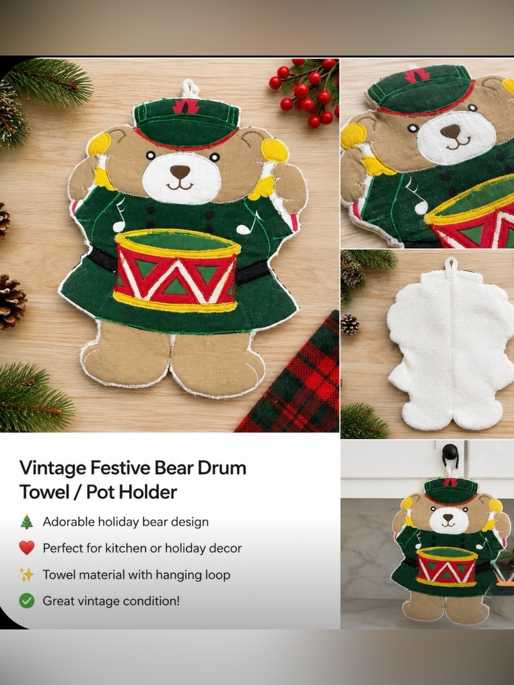 Vintage Festive Bear Drum pot holder or Holiday decor